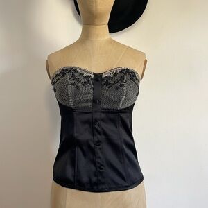 Y2K Lace Bustier Top Medium Black Button Satin Corset Boning CottonExpress